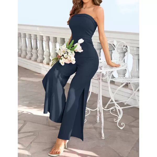 ZESICA Womens 2024 Strapless Jumpsuit Casual Off Shoulder High Waist Wide Leg Side Slit Long Romper Playsuits with PocketsNavy