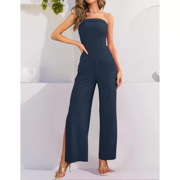 ZESICA Womens 2024 Strapless Jumpsuit Casual Off Shoulder High Waist Wide Leg Side Slit Long Romper Playsuits with PocketsNavy