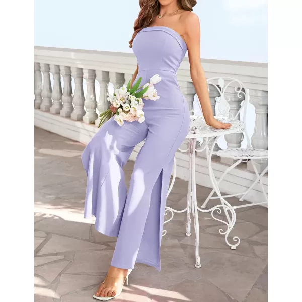 ZESICA Womens 2024 Strapless Jumpsuit Casual Off Shoulder High Waist Wide Leg Side Slit Long Romper Playsuits with PocketsPurple
