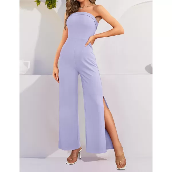 ZESICA Womens 2024 Strapless Jumpsuit Casual Off Shoulder High Waist Wide Leg Side Slit Long Romper Playsuits with PocketsPurple