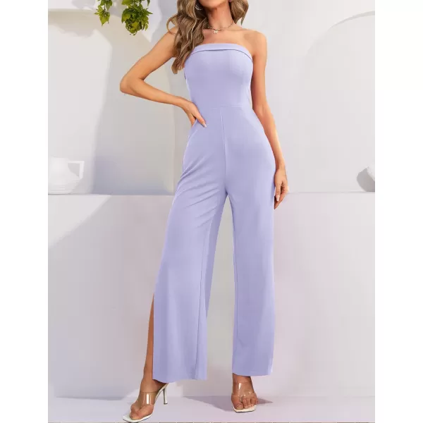 ZESICA Womens 2024 Strapless Jumpsuit Casual Off Shoulder High Waist Wide Leg Side Slit Long Romper Playsuits with PocketsPurple