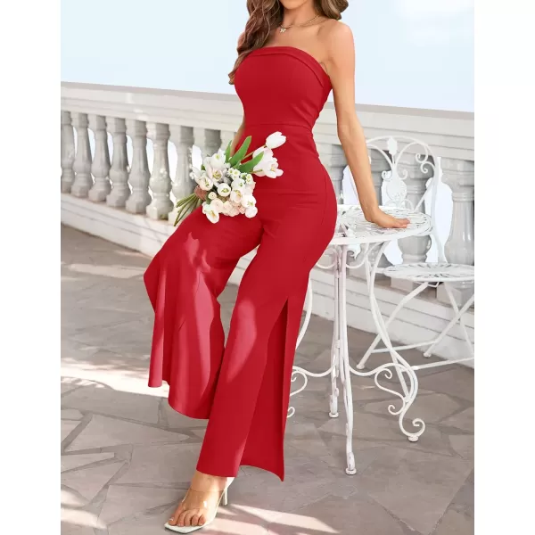 ZESICA Womens 2024 Strapless Jumpsuit Casual Off Shoulder High Waist Wide Leg Side Slit Long Romper Playsuits with PocketsRed