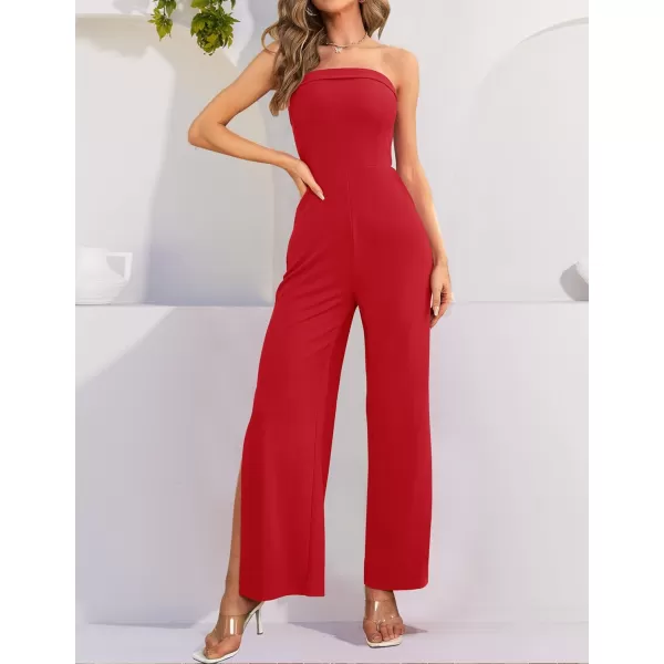 ZESICA Womens 2024 Strapless Jumpsuit Casual Off Shoulder High Waist Wide Leg Side Slit Long Romper Playsuits with PocketsRed