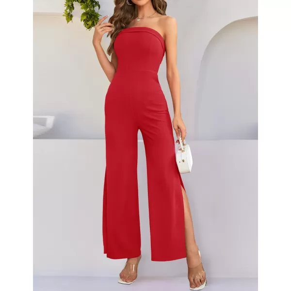 ZESICA Womens 2024 Strapless Jumpsuit Casual Off Shoulder High Waist Wide Leg Side Slit Long Romper Playsuits with PocketsRed