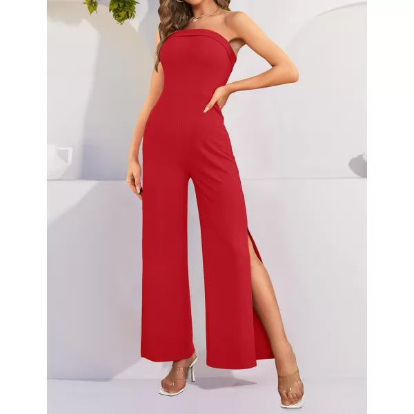ZESICA Womens 2024 Strapless Jumpsuit Casual Off Shoulder High Waist Wide Leg Side Slit Long Romper Playsuits with PocketsRed
