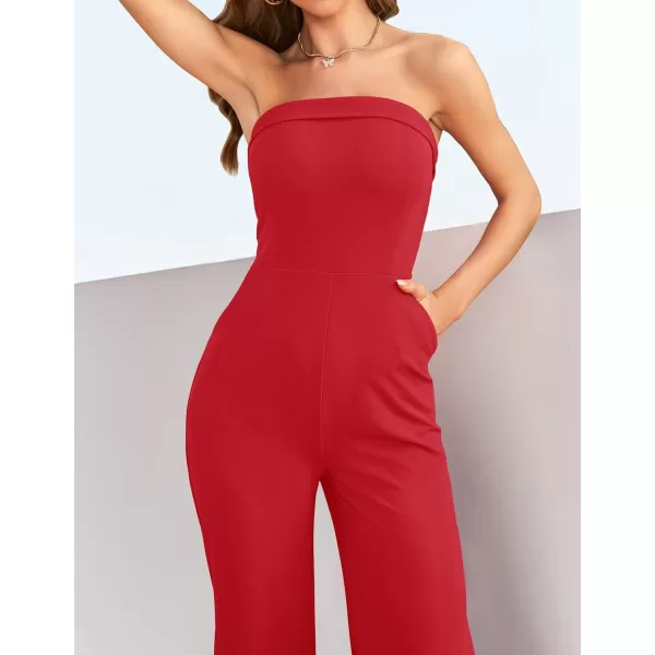 ZESICA Womens 2024 Strapless Jumpsuit Casual Off Shoulder High Waist Wide Leg Side Slit Long Romper Playsuits with PocketsRed