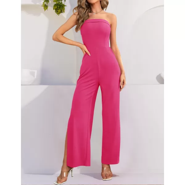 ZESICA Womens 2024 Strapless Jumpsuit Casual Off Shoulder High Waist Wide Leg Side Slit Long Romper Playsuits with PocketsRose