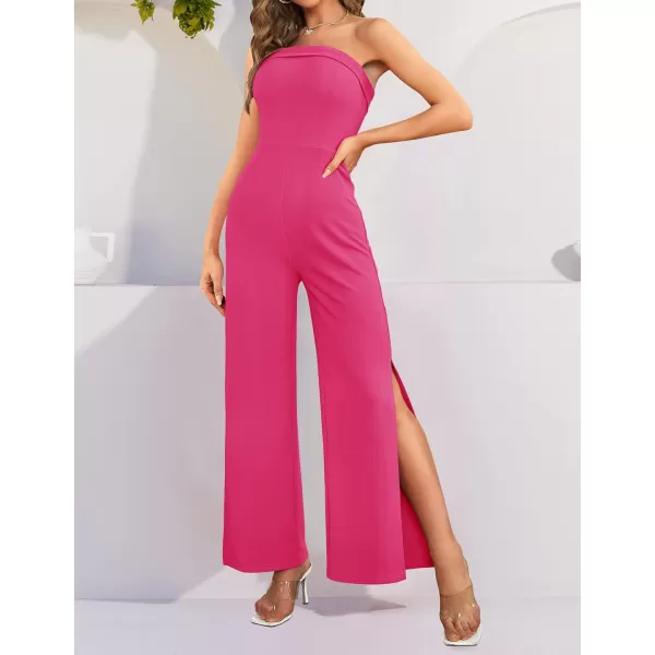 ZESICA Womens 2024 Strapless Jumpsuit Casual Off Shoulder High Waist Wide Leg Side Slit Long Romper Playsuits with PocketsRose