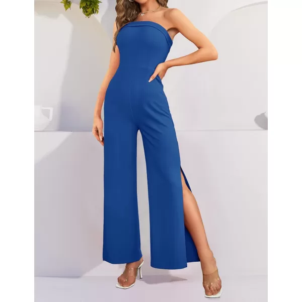 ZESICA Womens 2024 Strapless Jumpsuit Casual Off Shoulder High Waist Wide Leg Side Slit Long Romper Playsuits with PocketsRoyalblue
