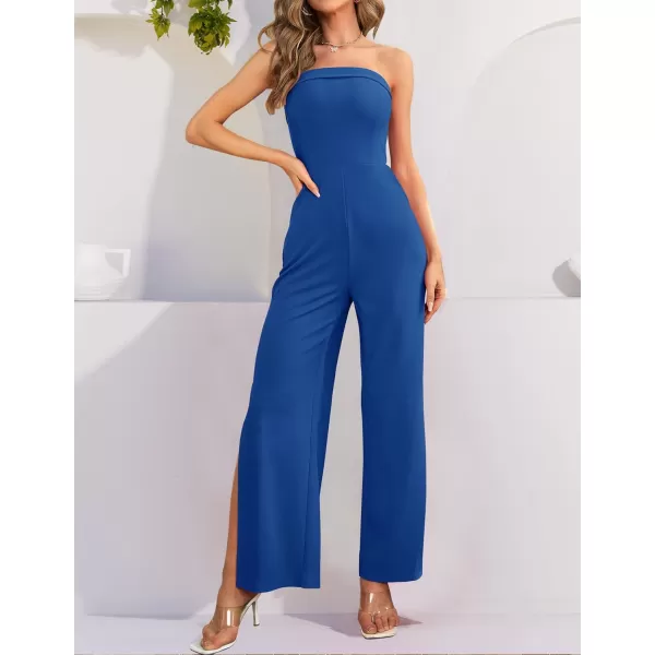 ZESICA Womens 2024 Strapless Jumpsuit Casual Off Shoulder High Waist Wide Leg Side Slit Long Romper Playsuits with PocketsRoyalblue