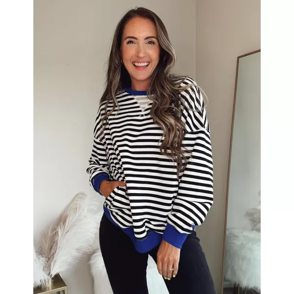 ZESICA Womens Casual Striped Pullover Tops Long Sleeve Shirts Crewneck Oversized Sweatshirts 2024 Fall ClothesBlack