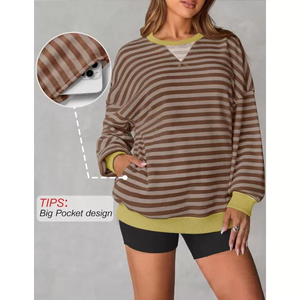 ZESICA Womens Casual Striped Pullover Tops Long Sleeve Shirts Crewneck Oversized Sweatshirts 2024 Fall ClothesBrown