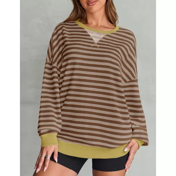 ZESICA Womens Casual Striped Pullover Tops Long Sleeve Shirts Crewneck Oversized Sweatshirts 2024 Fall ClothesBrown