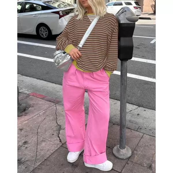 ZESICA Womens Casual Striped Pullover Tops Long Sleeve Shirts Crewneck Oversized Sweatshirts 2024 Fall ClothesBrown