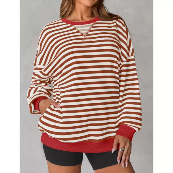 ZESICA Womens Casual Striped Pullover Tops Long Sleeve Shirts Crewneck Oversized Sweatshirts 2024 Fall ClothesCaramel