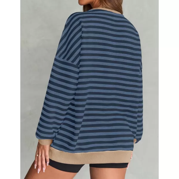 ZESICA Womens Casual Striped Pullover Tops Long Sleeve Shirts Crewneck Oversized Sweatshirts 2024 Fall ClothesDark Blue
