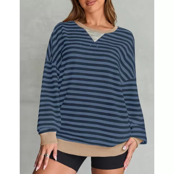 ZESICA Womens Casual Striped Pullover Tops Long Sleeve Shirts Crewneck Oversized Sweatshirts 2024 Fall ClothesDark Blue