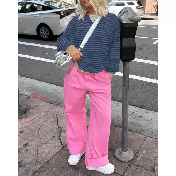 ZESICA Womens Casual Striped Pullover Tops Long Sleeve Shirts Crewneck Oversized Sweatshirts 2024 Fall ClothesDark Blue