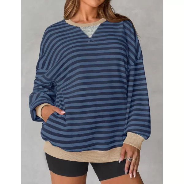 ZESICA Womens Casual Striped Pullover Tops Long Sleeve Shirts Crewneck Oversized Sweatshirts 2024 Fall ClothesDark Blue