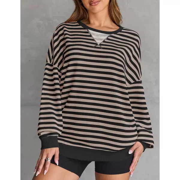 ZESICA Womens Casual Striped Pullover Tops Long Sleeve Shirts Crewneck Oversized Sweatshirts 2024 Fall ClothesDarkblack