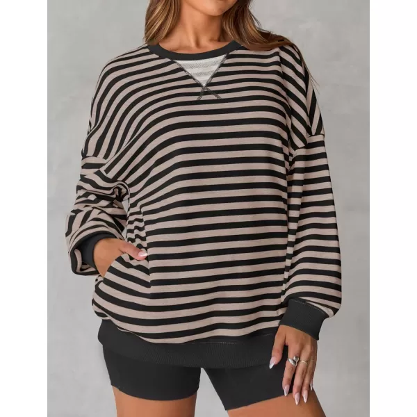 ZESICA Womens Casual Striped Pullover Tops Long Sleeve Shirts Crewneck Oversized Sweatshirts 2024 Fall ClothesDarkblack