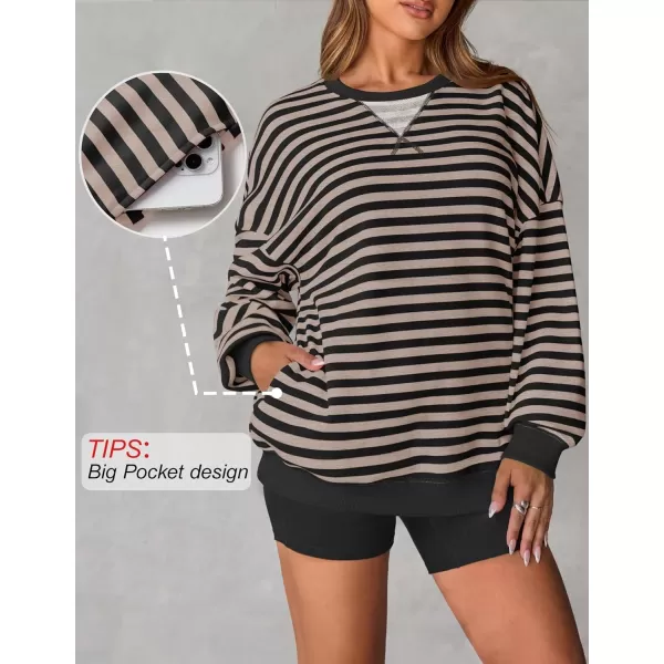 ZESICA Womens Casual Striped Pullover Tops Long Sleeve Shirts Crewneck Oversized Sweatshirts 2024 Fall ClothesDarkblack
