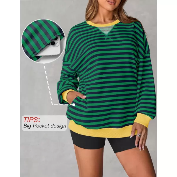 ZESICA Womens Casual Striped Pullover Tops Long Sleeve Shirts Crewneck Oversized Sweatshirts 2024 Fall ClothesDarkgreen