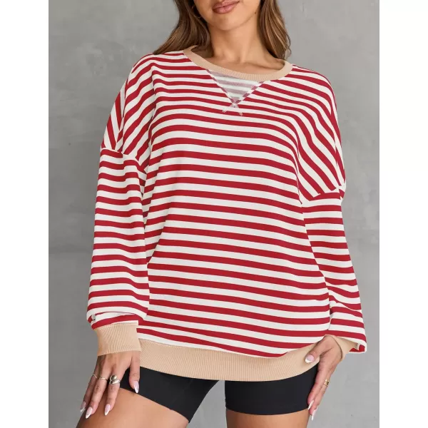 ZESICA Womens Casual Striped Pullover Tops Long Sleeve Shirts Crewneck Oversized Sweatshirts 2024 Fall ClothesDarkred