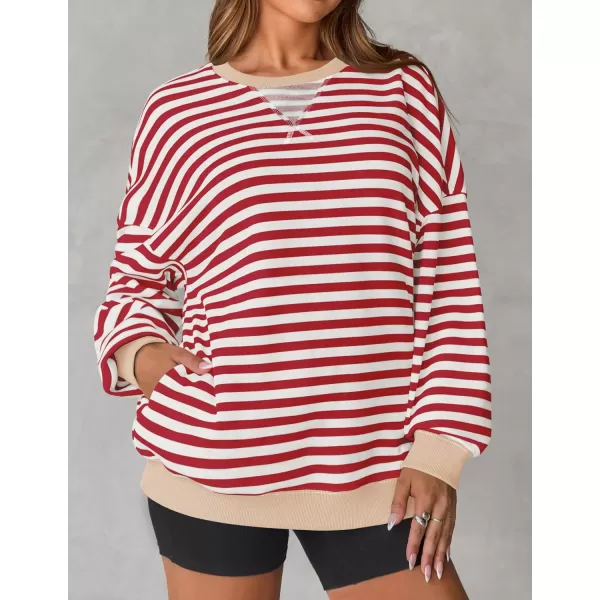 ZESICA Womens Casual Striped Pullover Tops Long Sleeve Shirts Crewneck Oversized Sweatshirts 2024 Fall ClothesDarkred