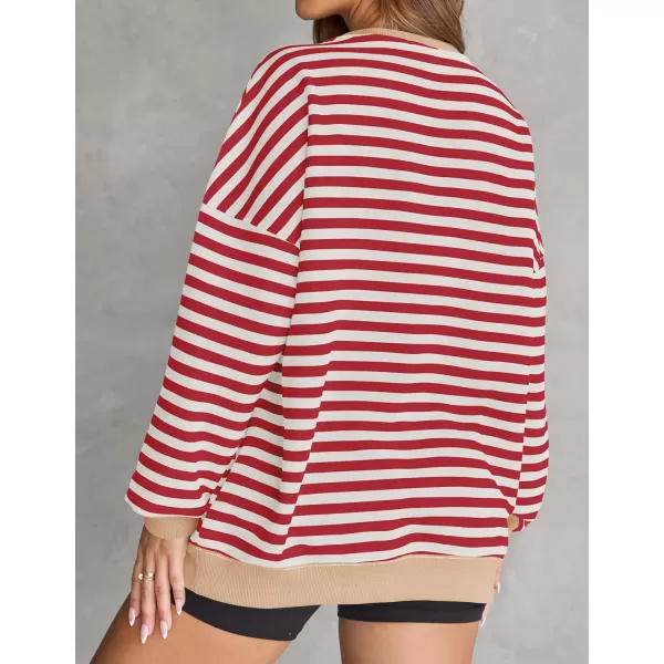 ZESICA Womens Casual Striped Pullover Tops Long Sleeve Shirts Crewneck Oversized Sweatshirts 2024 Fall ClothesDarkred