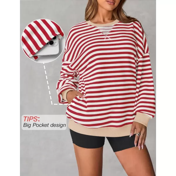 ZESICA Womens Casual Striped Pullover Tops Long Sleeve Shirts Crewneck Oversized Sweatshirts 2024 Fall ClothesDarkred