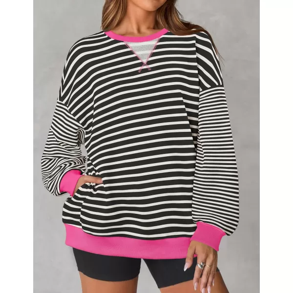 ZESICA Womens Casual Striped Pullover Tops Long Sleeve Shirts Crewneck Oversized Sweatshirts 2024 Fall ClothesEbony