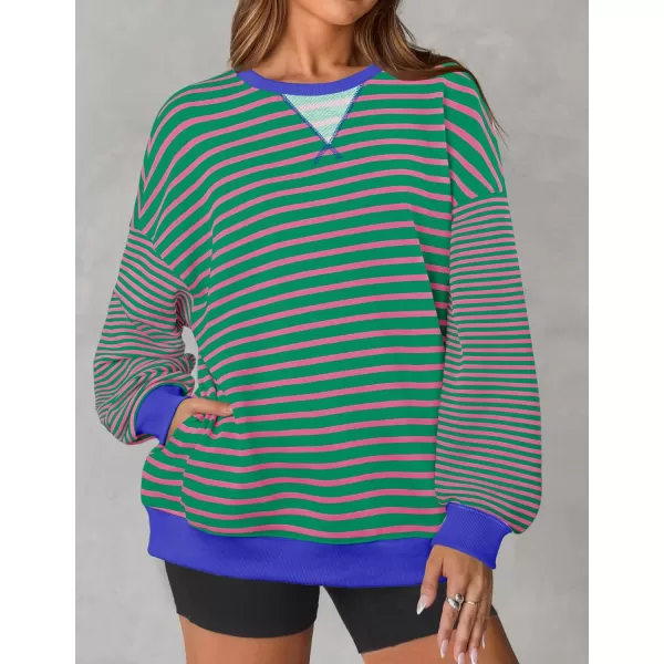ZESICA Womens Casual Striped Pullover Tops Long Sleeve Shirts Crewneck Oversized Sweatshirts 2024 Fall ClothesGrassgreen