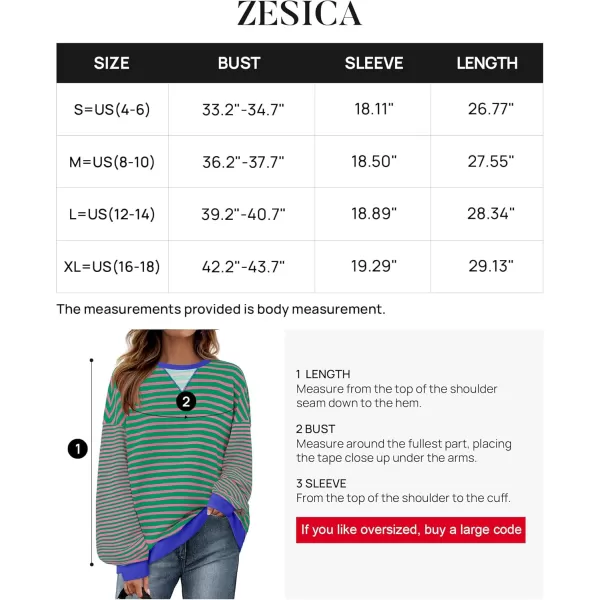 ZESICA Womens Casual Striped Pullover Tops Long Sleeve Shirts Crewneck Oversized Sweatshirts 2024 Fall ClothesGrassgreen