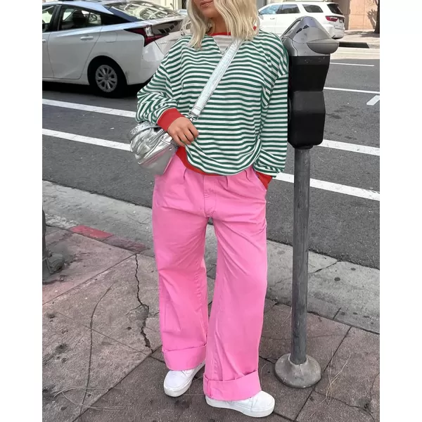 ZESICA Womens Casual Striped Pullover Tops Long Sleeve Shirts Crewneck Oversized Sweatshirts 2024 Fall ClothesGreen
