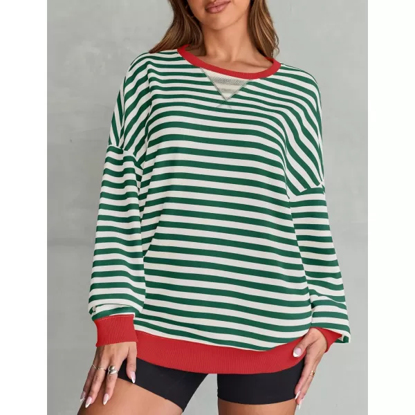 ZESICA Womens Casual Striped Pullover Tops Long Sleeve Shirts Crewneck Oversized Sweatshirts 2024 Fall ClothesGreen