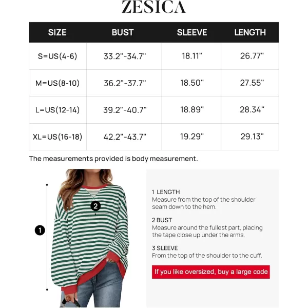 ZESICA Womens Casual Striped Pullover Tops Long Sleeve Shirts Crewneck Oversized Sweatshirts 2024 Fall ClothesGreen