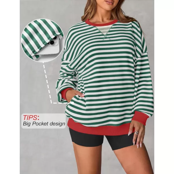 ZESICA Womens Casual Striped Pullover Tops Long Sleeve Shirts Crewneck Oversized Sweatshirts 2024 Fall ClothesGreen