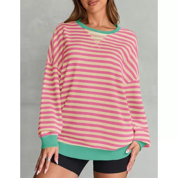 ZESICA Womens Casual Striped Pullover Tops Long Sleeve Shirts Crewneck Oversized Sweatshirts 2024 Fall ClothesPink