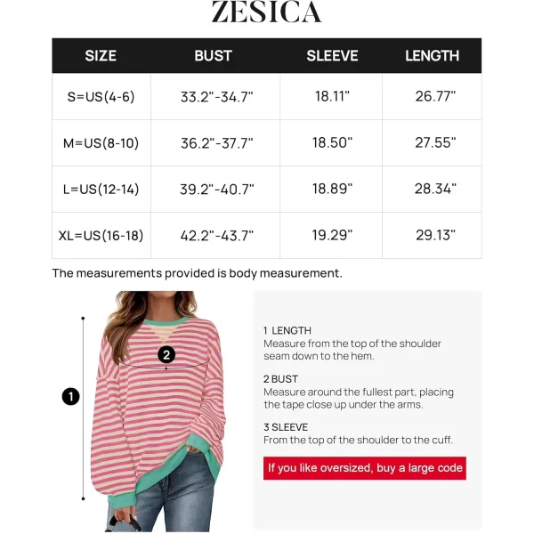 ZESICA Womens Casual Striped Pullover Tops Long Sleeve Shirts Crewneck Oversized Sweatshirts 2024 Fall ClothesPink