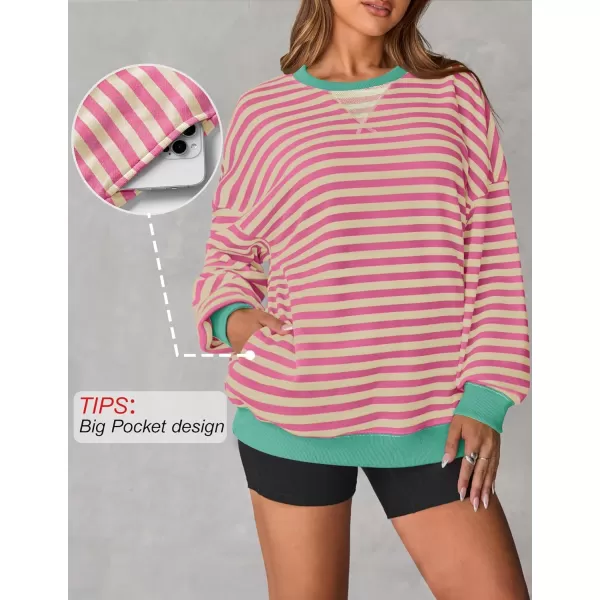 ZESICA Womens Casual Striped Pullover Tops Long Sleeve Shirts Crewneck Oversized Sweatshirts 2024 Fall ClothesPink