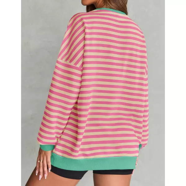 ZESICA Womens Casual Striped Pullover Tops Long Sleeve Shirts Crewneck Oversized Sweatshirts 2024 Fall ClothesPink