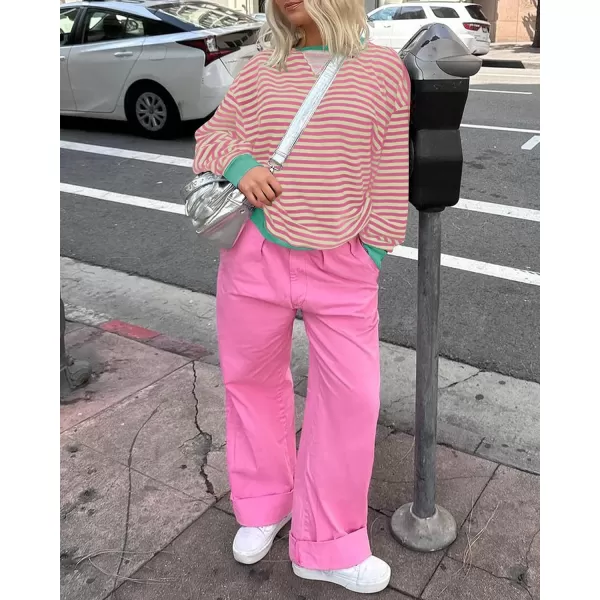 ZESICA Womens Casual Striped Pullover Tops Long Sleeve Shirts Crewneck Oversized Sweatshirts 2024 Fall ClothesPink