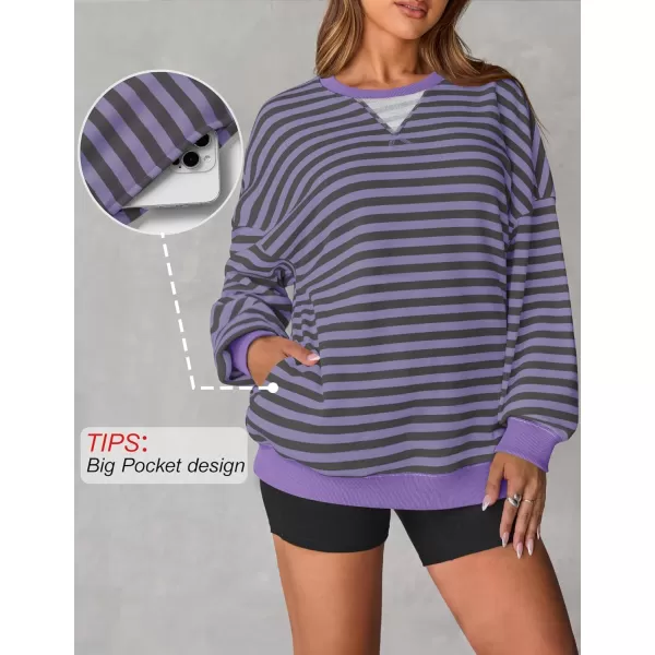 ZESICA Womens Casual Striped Pullover Tops Long Sleeve Shirts Crewneck Oversized Sweatshirts 2024 Fall ClothesPurple