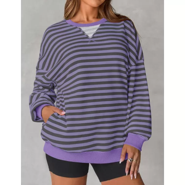 ZESICA Womens Casual Striped Pullover Tops Long Sleeve Shirts Crewneck Oversized Sweatshirts 2024 Fall ClothesPurple