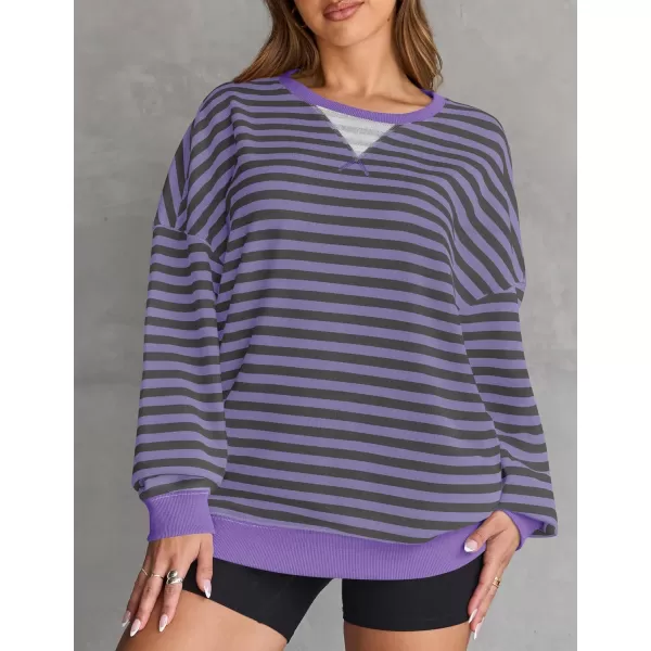 ZESICA Womens Casual Striped Pullover Tops Long Sleeve Shirts Crewneck Oversized Sweatshirts 2024 Fall ClothesPurple