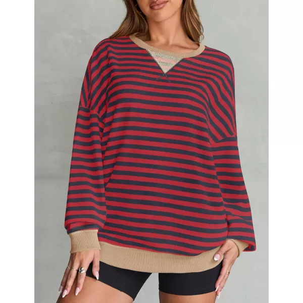 ZESICA Womens Casual Striped Pullover Tops Long Sleeve Shirts Crewneck Oversized Sweatshirts 2024 Fall ClothesRed