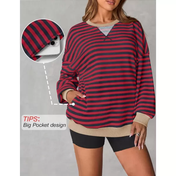 ZESICA Womens Casual Striped Pullover Tops Long Sleeve Shirts Crewneck Oversized Sweatshirts 2024 Fall ClothesRed