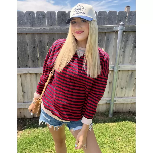 ZESICA Womens Casual Striped Pullover Tops Long Sleeve Shirts Crewneck Oversized Sweatshirts 2024 Fall ClothesRed