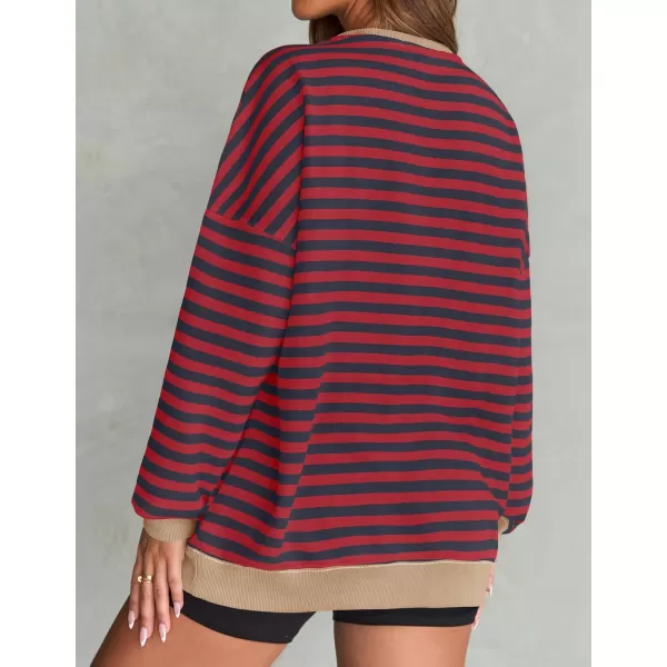 ZESICA Womens Casual Striped Pullover Tops Long Sleeve Shirts Crewneck Oversized Sweatshirts 2024 Fall ClothesRed